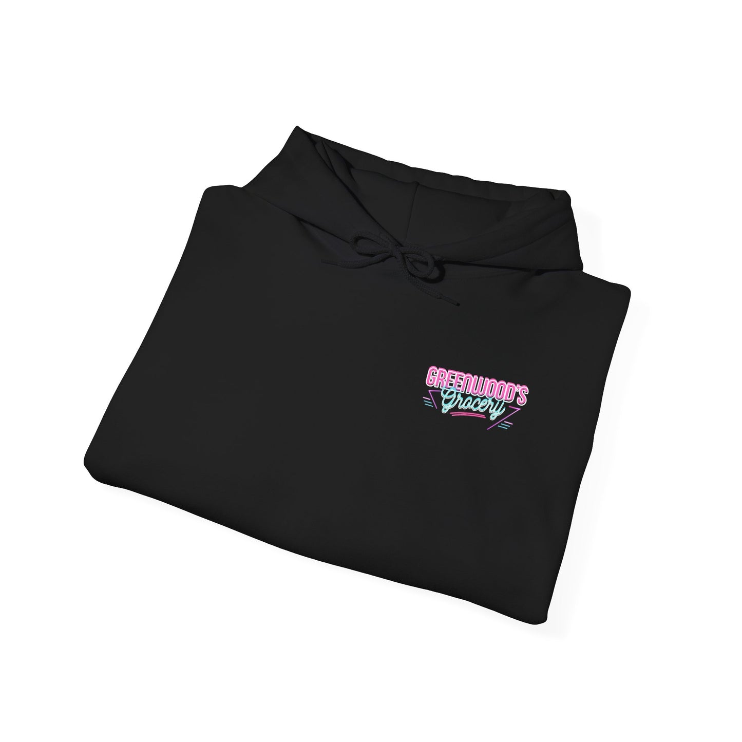 Greenwood's Grocery Neon hoodie in Black, folded
