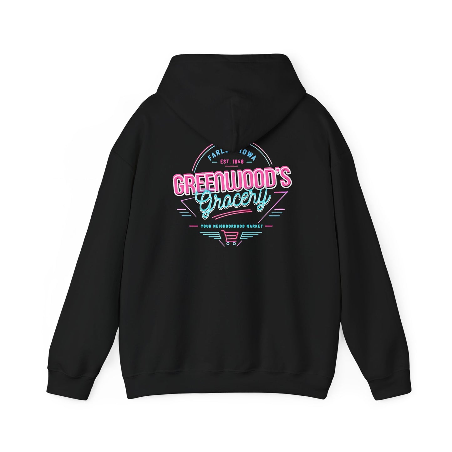 Greenwood's Grocery Neon hoodie in Black, back view
