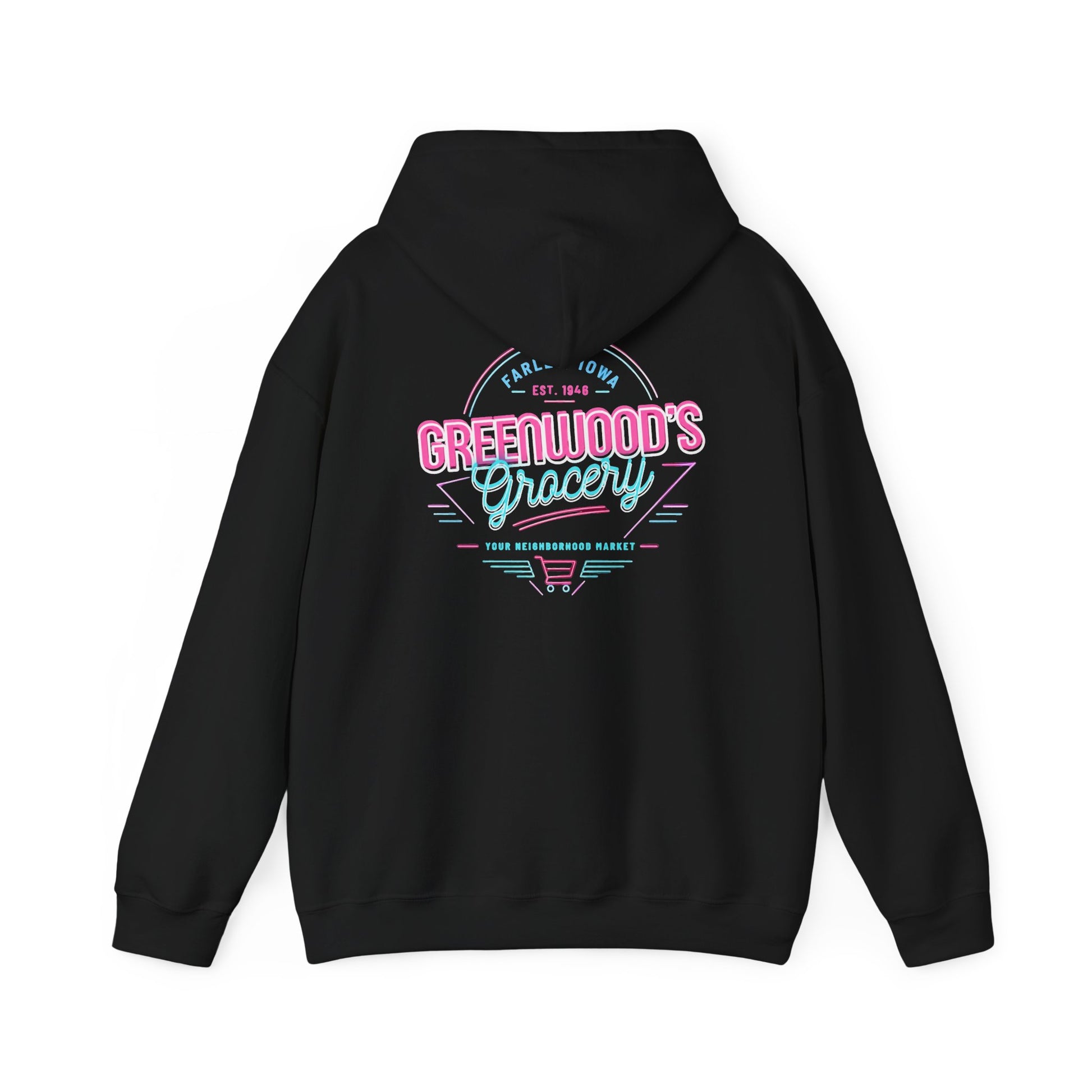 Greenwood's Grocery Neon hoodie in Black, back view