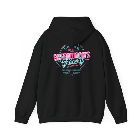 Greenwood's Grocery Neon hoodie in Black, back view