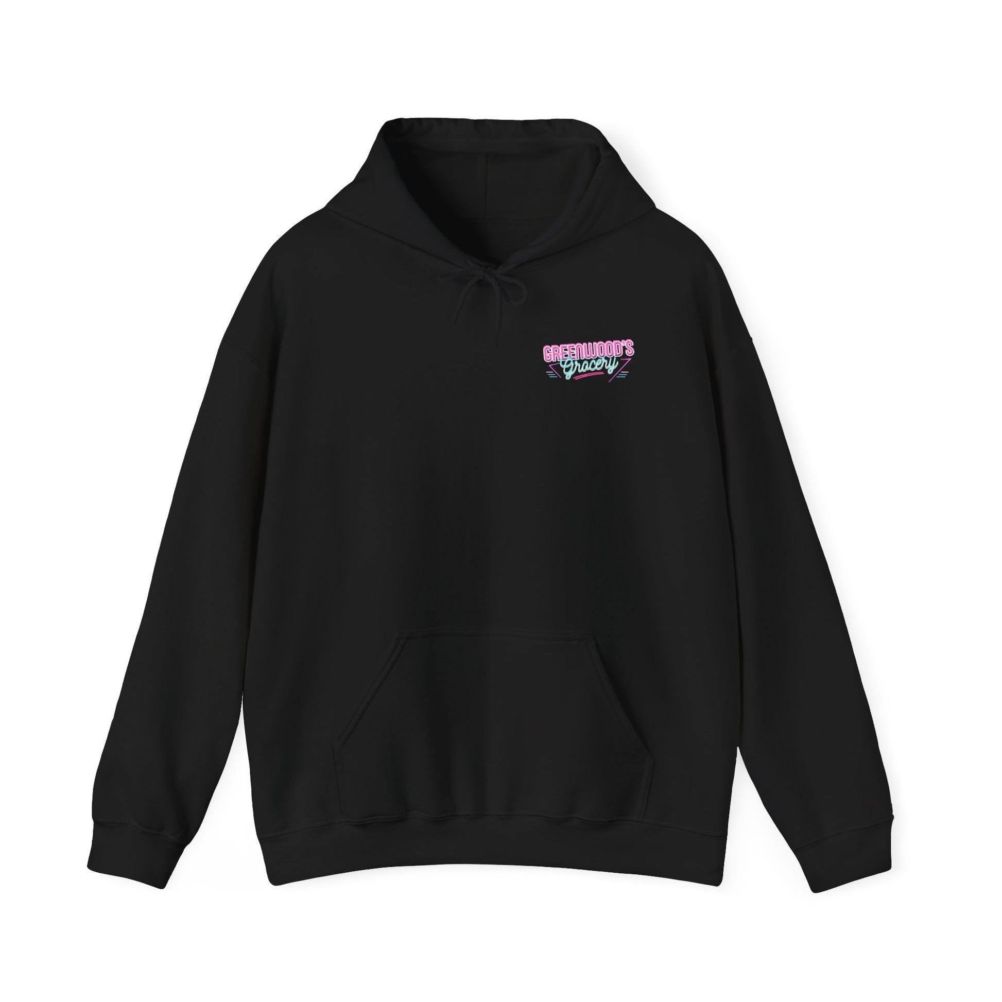 Greenwood's Grocery Neon hoodie in Black, front view