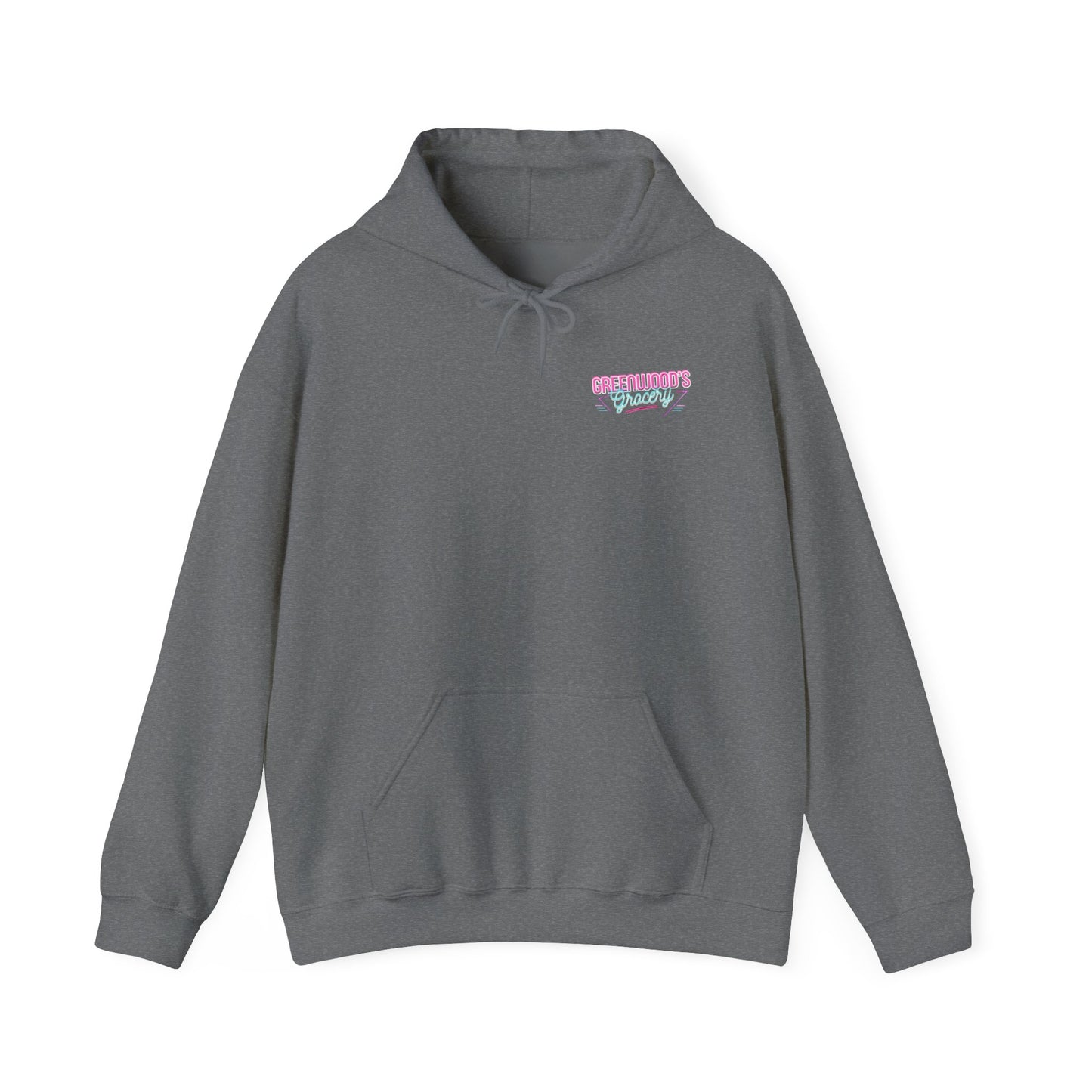 Greenwood's Grocery Neon hoodie in Graphite Heather, front view