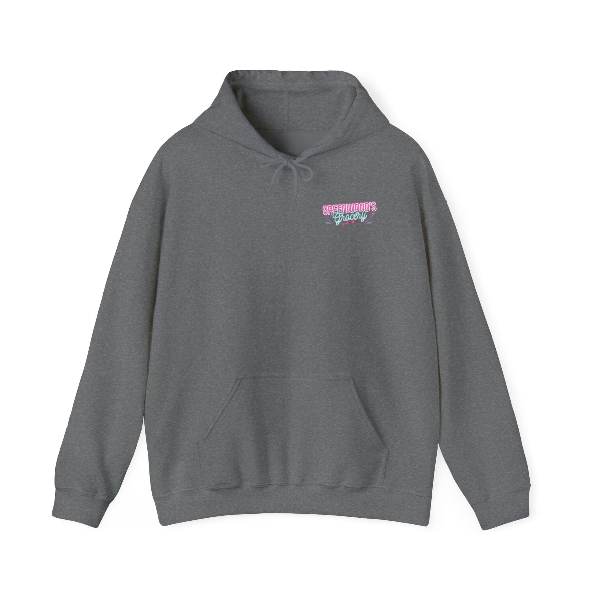 Greenwood's Grocery Neon hoodie in Graphite Heather, front view