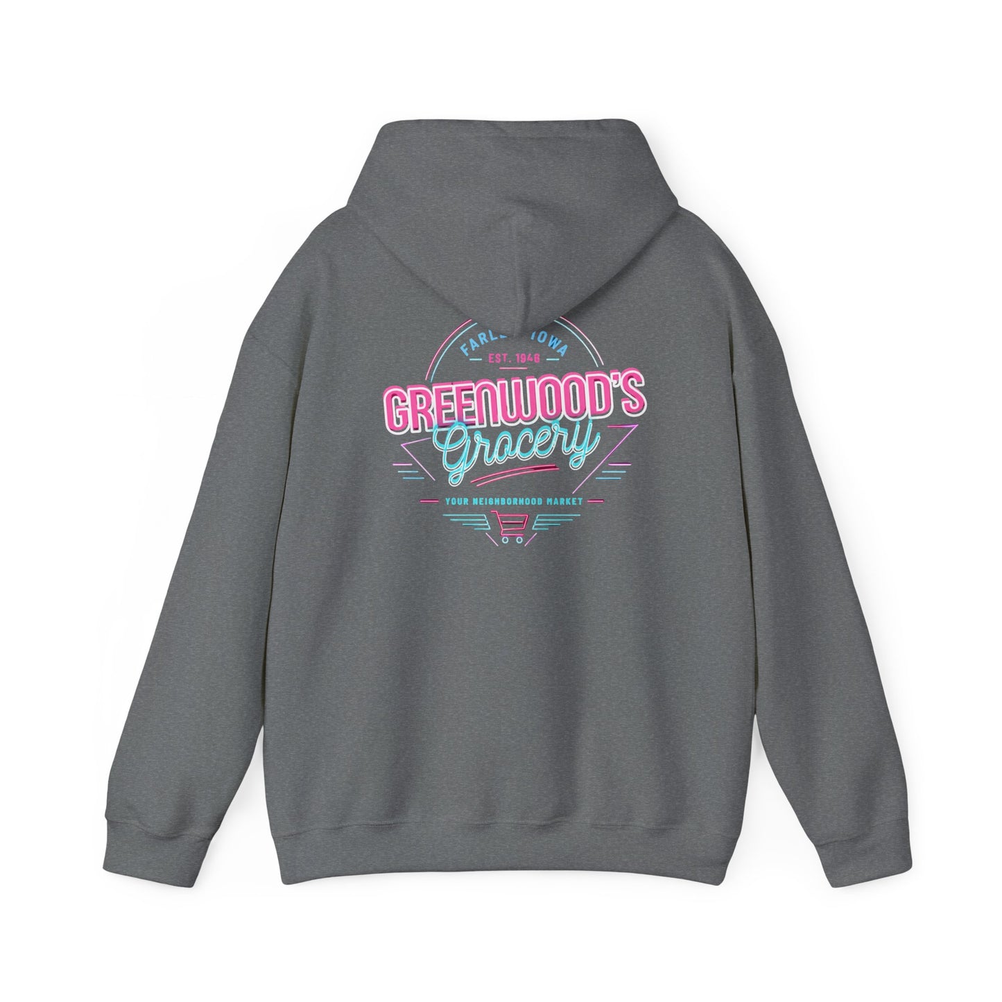 Greenwood's Grocery Neon hoodie in Graphite Heather, back view