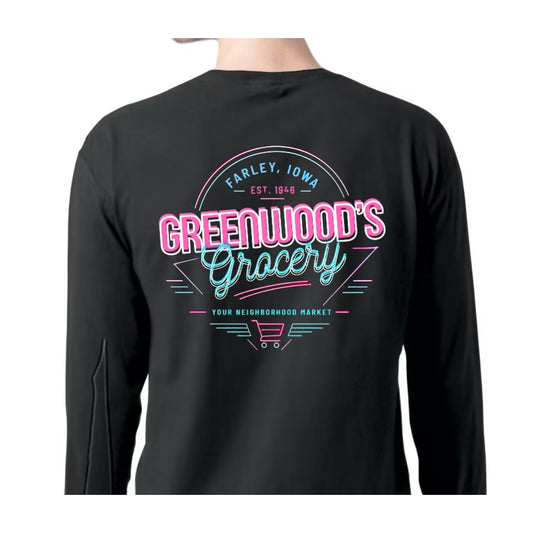 Greenwood's Grocery Neon long sleeve in Black, back view