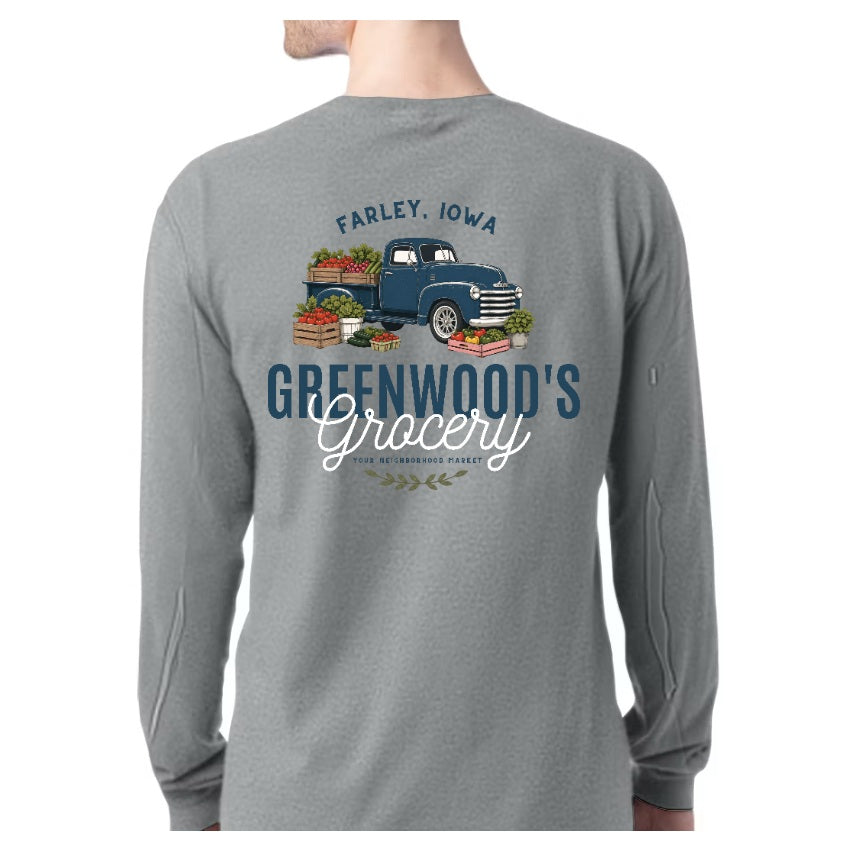 Greenwood's Grocery Truck long sleeve in Sport Grey, back view