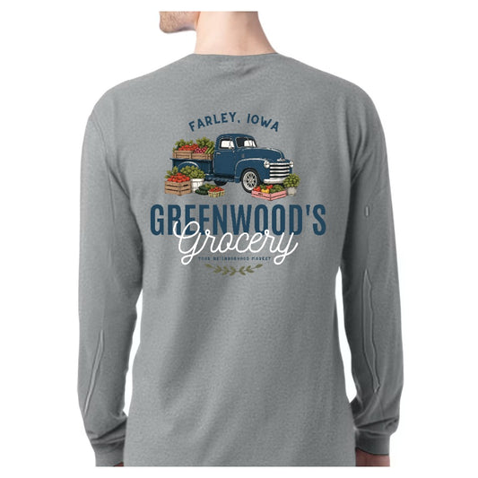Greenwood's Grocery Truck long sleeve in Sport Grey, back view