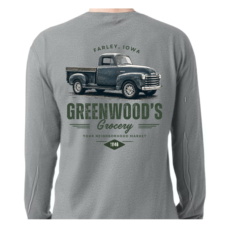 Greenwood's Grocery Vintage Truck long sleeve in Sport Grey, back view