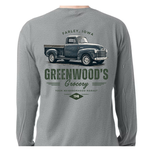 Greenwood's Grocery Vintage Truck long sleeve in Sport Grey, back view